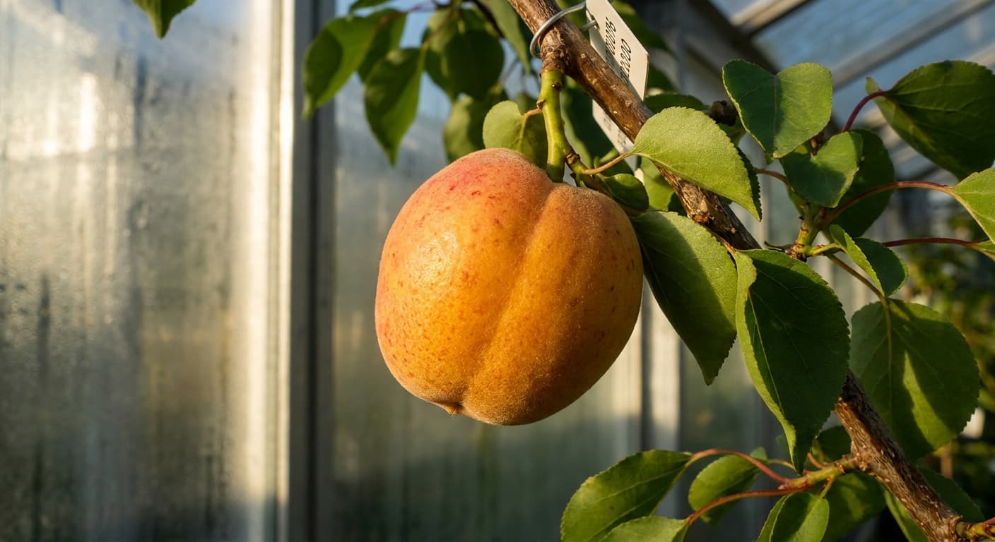 Scoville Splice Apricot Inferno (SS-0862) — engineered Apricot specimen on-plant with laboratory specimen tag