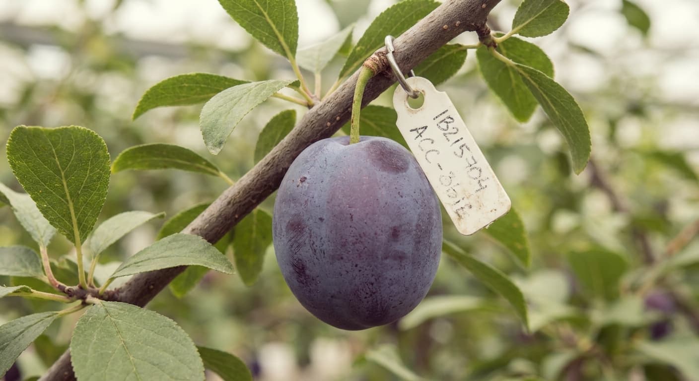 Scoville Splice Sugar Plum (SS-0863) — engineered Plum specimen on-plant with laboratory specimen tag