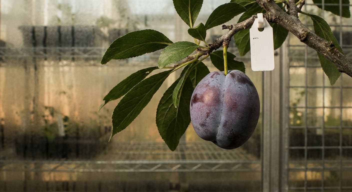 Scoville Splice Plum Blossom (SS-0864) — engineered Plum specimen on-plant with laboratory specimen tag