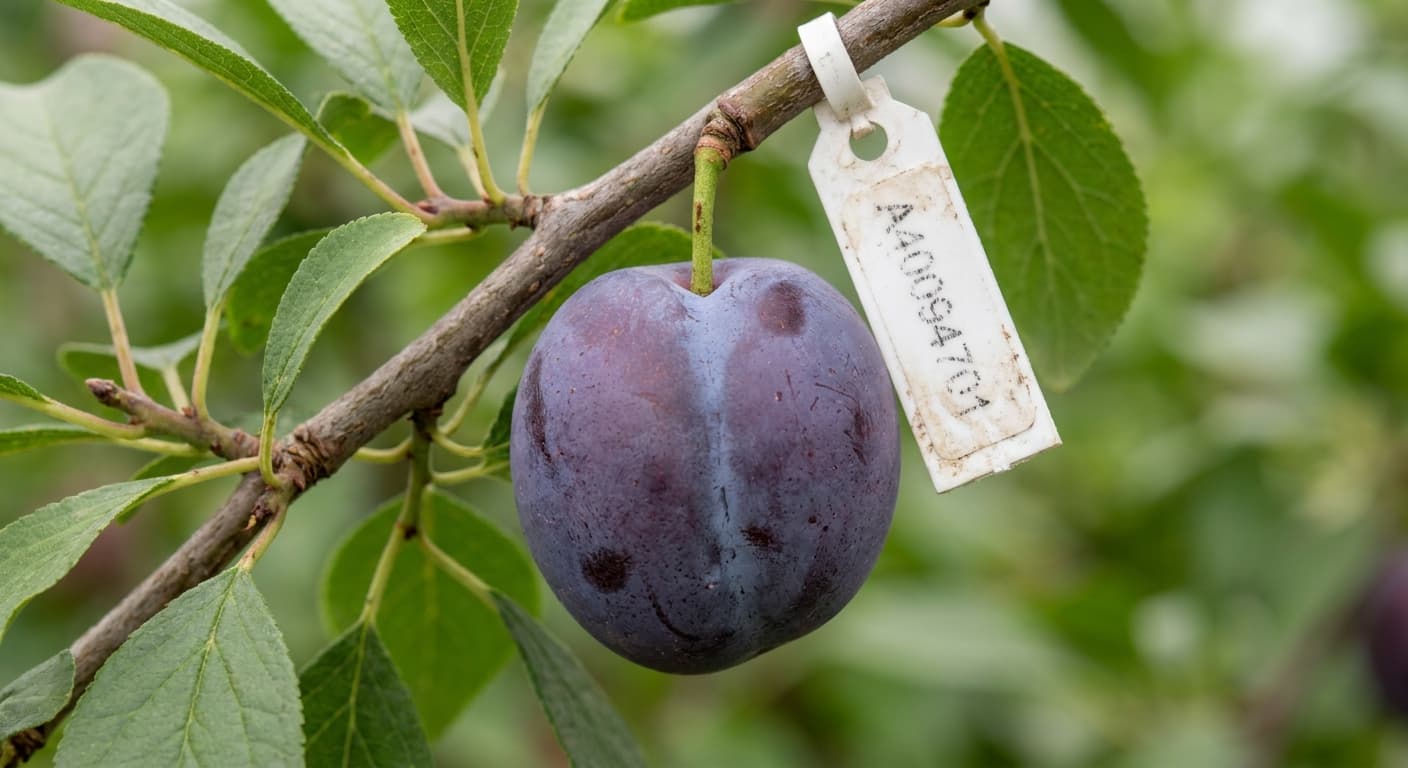 Scoville Splice Damson Warm (SS-0865) — engineered Plum specimen on-plant with laboratory specimen tag