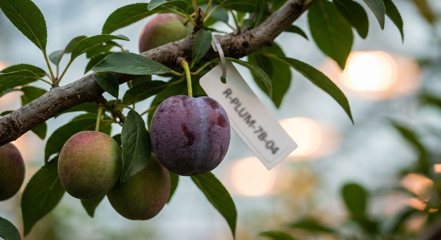 Scoville Splice Greengage Glow (SS-0866) — engineered Plum specimen on-plant with laboratory specimen tag