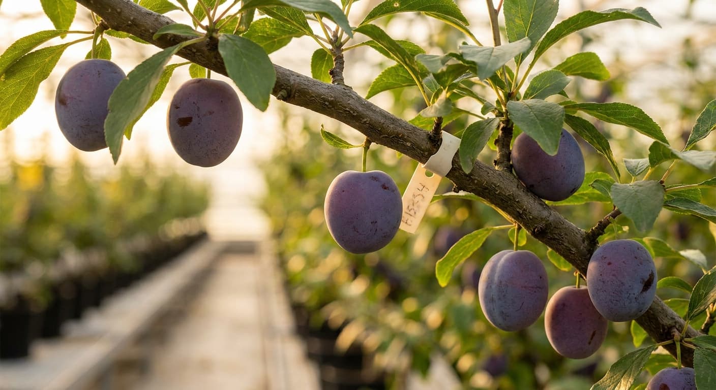 Scoville Splice Mirabelle Burn (SS-0867) — engineered Plum specimen on-plant with laboratory specimen tag