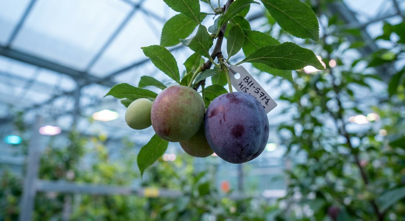 Scoville Splice Prune (SS-0868) — engineered Plum specimen on-plant with laboratory specimen tag