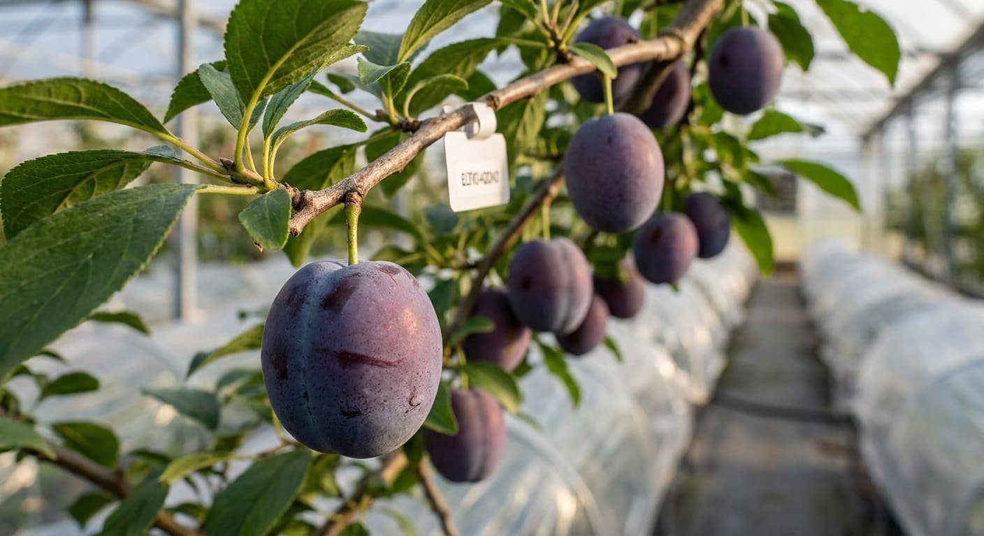 Scoville Splice Victoria Blaze (SS-0869) — engineered Plum specimen on-plant with laboratory specimen tag