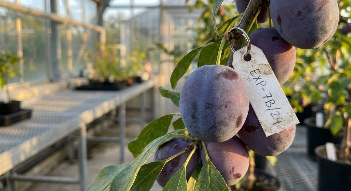Scoville Splice Plum Brandy (SS-0870) — engineered Plum specimen on-plant with laboratory specimen tag