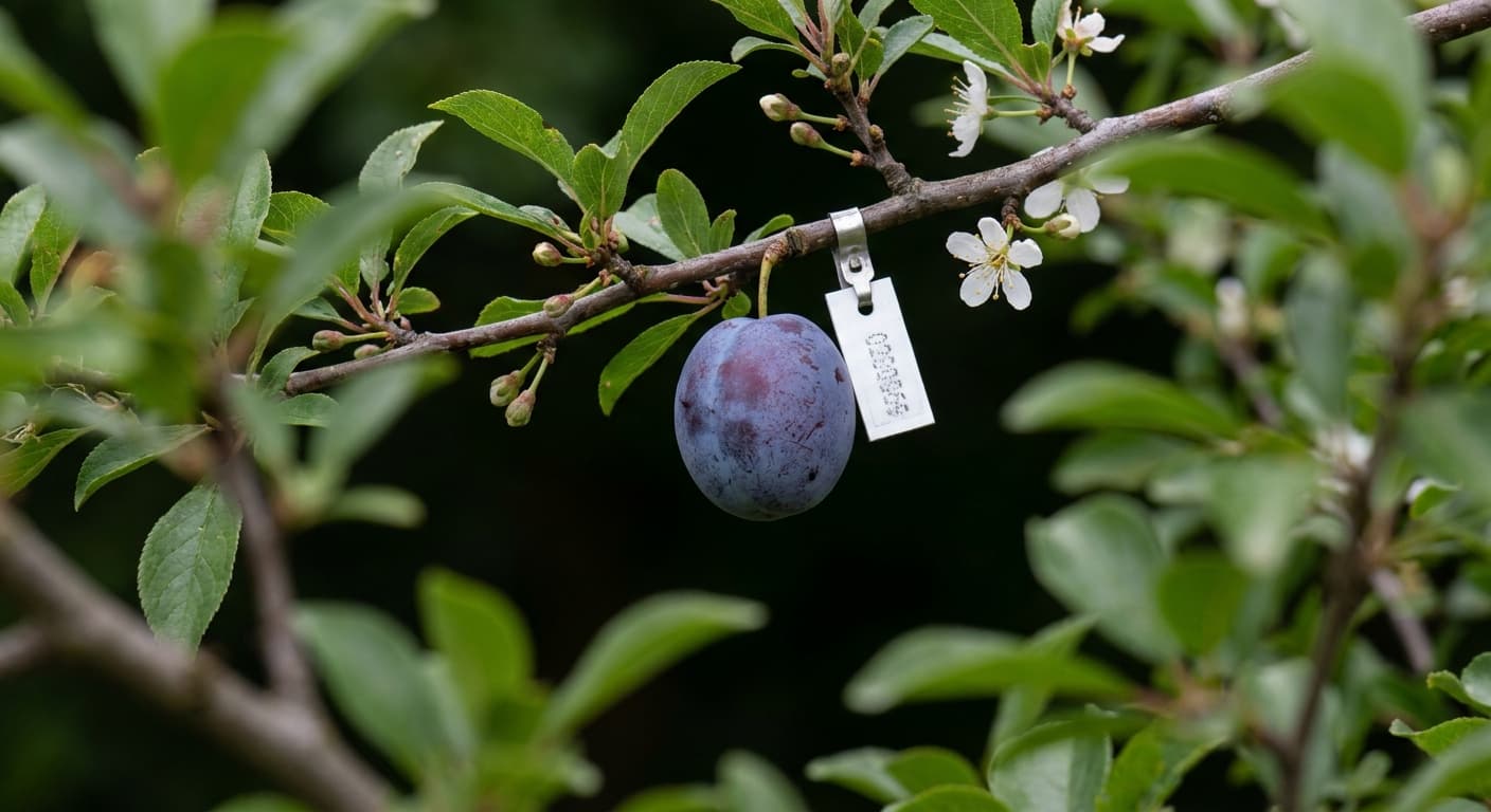 Scoville Splice Plum Fury (SS-0871) — engineered Plum specimen on-plant with laboratory specimen tag
