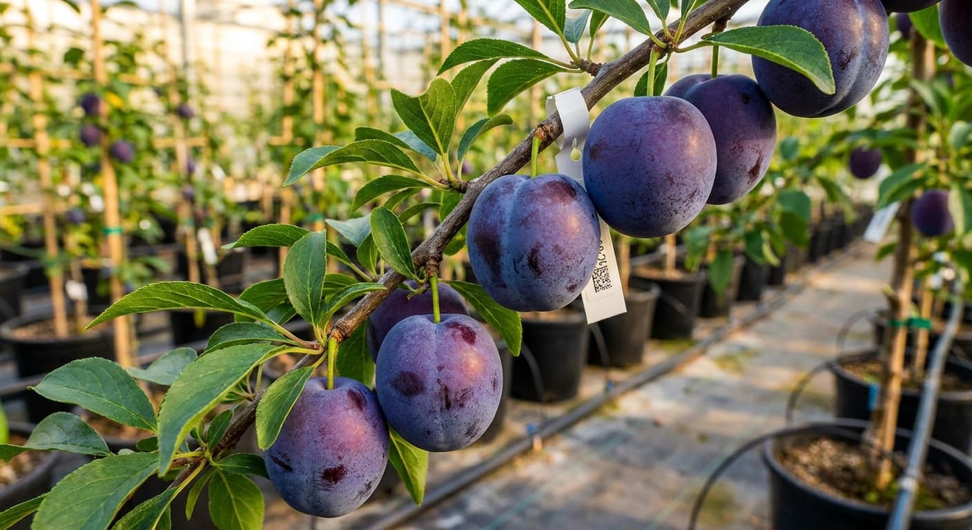 Scoville Splice Plum Inferno (SS-0872) — engineered Plum specimen on-plant with laboratory specimen tag