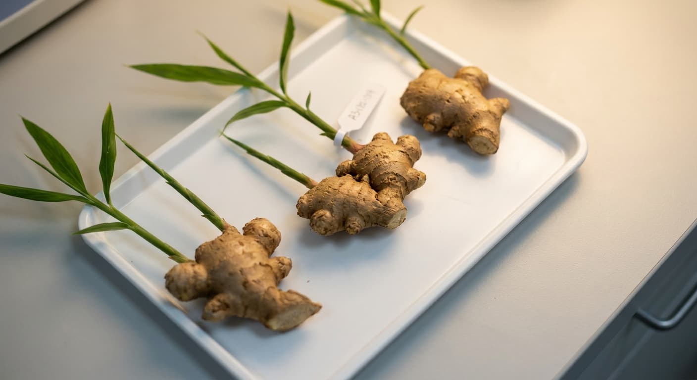 Scoville Splice Root Tingle (SS-0873) — engineered Ginger specimen on-plant with laboratory specimen tag