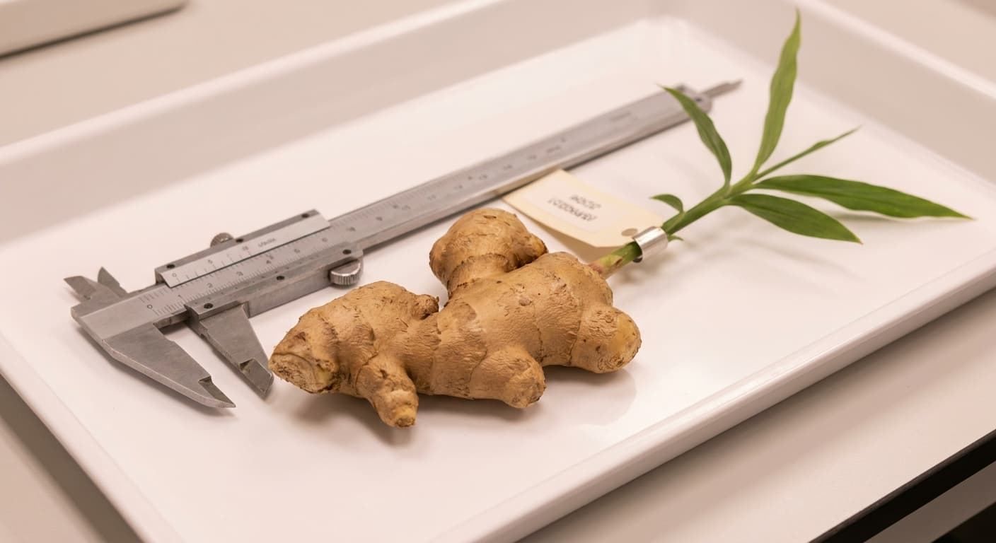 Scoville Splice Ginger Snap (SS-0874) — engineered Ginger specimen on-plant with laboratory specimen tag