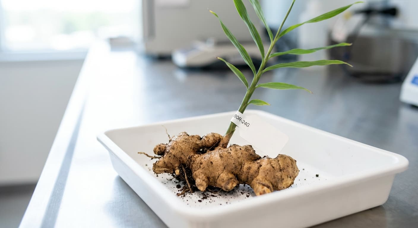 Scoville Splice Ginger Ale (SS-0875) — engineered Ginger specimen on-plant with laboratory specimen tag