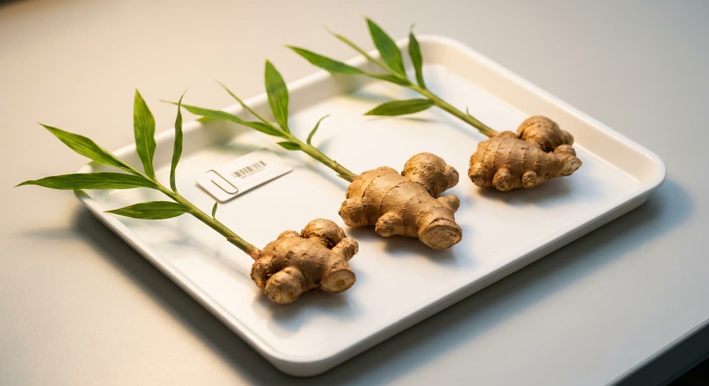 Scoville Splice Ginger Burn (SS-0877) — engineered Ginger specimen on-plant with laboratory specimen tag