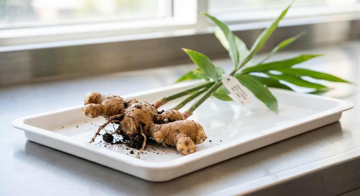 Scoville Splice Ginger Blaze (SS-0879) — engineered Ginger specimen on-plant with laboratory specimen tag