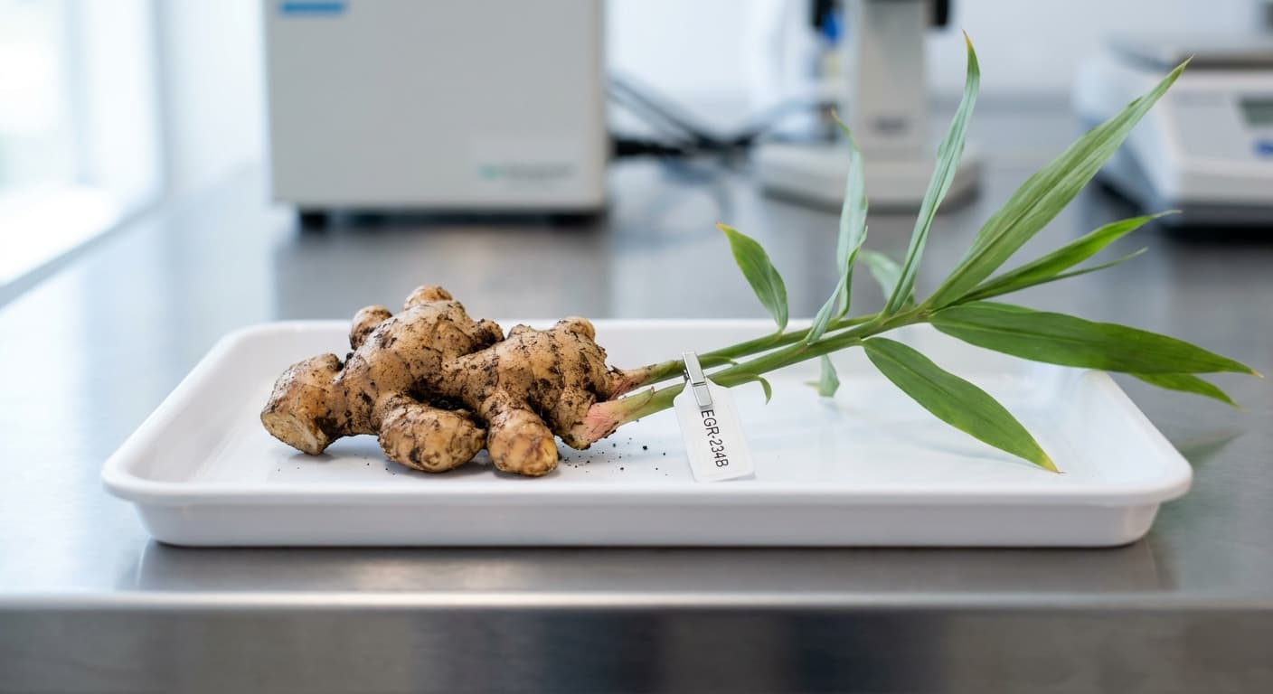 Scoville Splice Wasabi Cousin (SS-0880) — engineered Ginger specimen on-plant with laboratory specimen tag