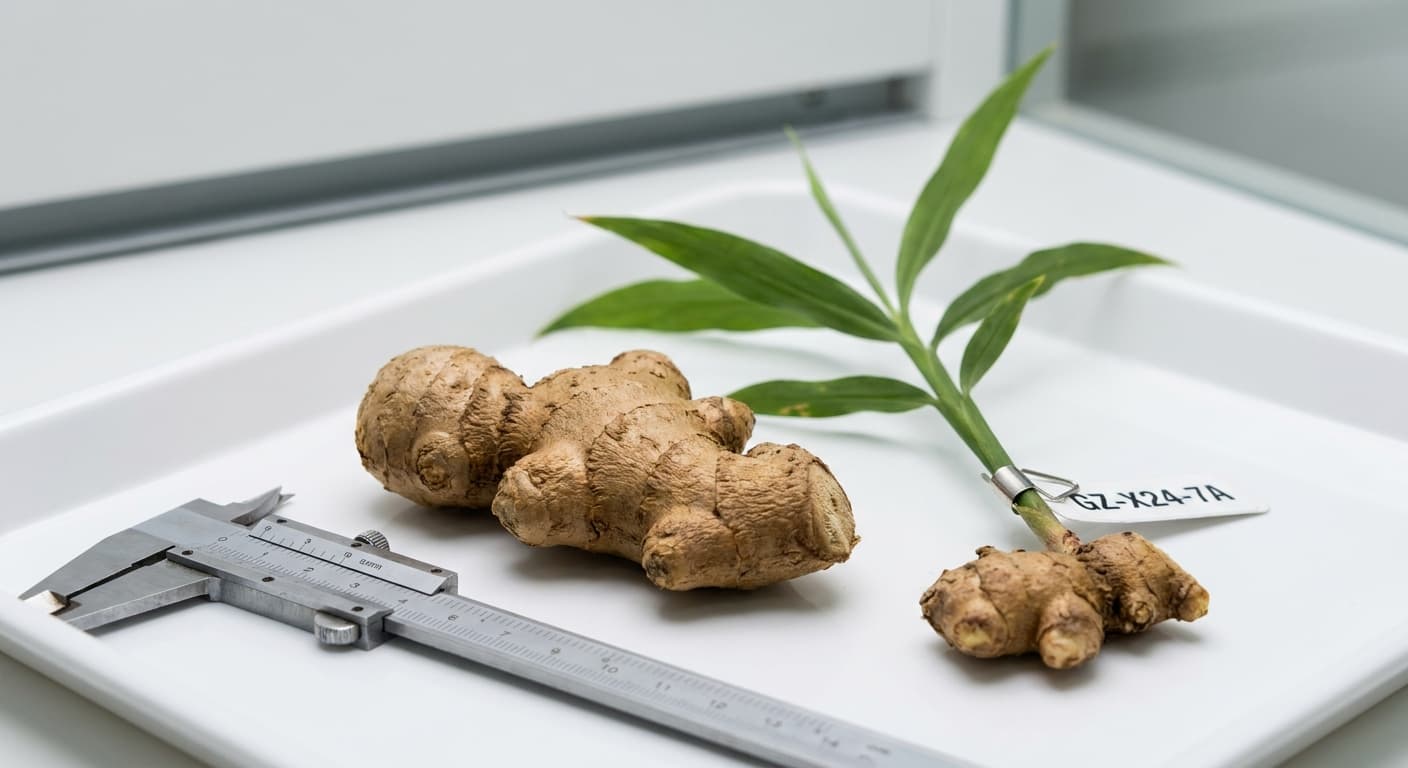 Scoville Splice Rhizome Fire (SS-0881) — engineered Ginger specimen on-plant with laboratory specimen tag