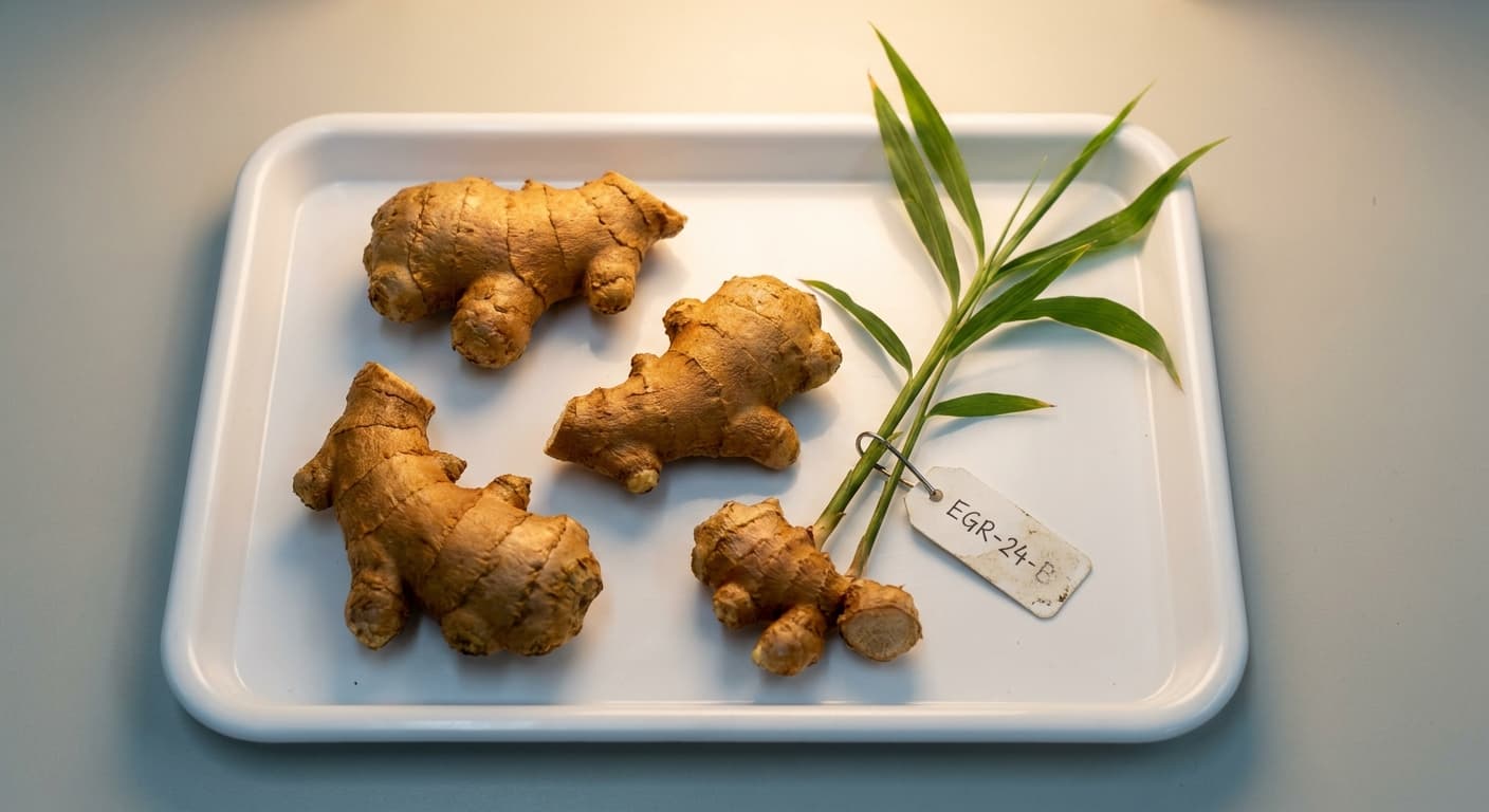 Scoville Splice Ginger Inferno (SS-0882) — engineered Ginger specimen on-plant with laboratory specimen tag