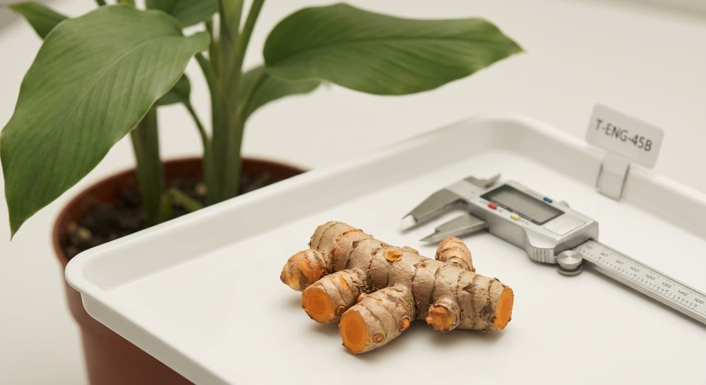 Scoville Splice Curry Warm (SS-0885) — engineered Turmeric specimen on-plant with laboratory specimen tag