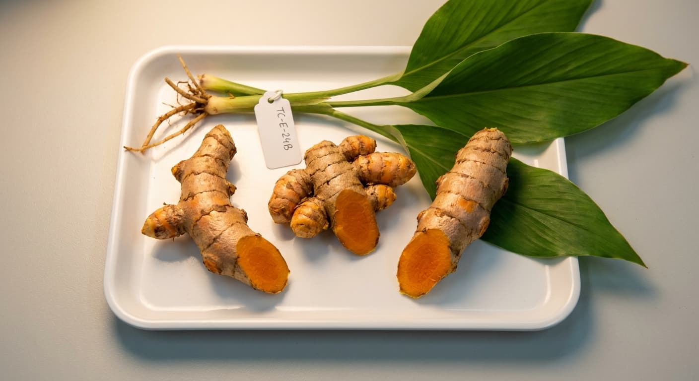 Scoville Splice Turmeric Latte (SS-0886) — engineered Turmeric specimen on-plant with laboratory specimen tag
