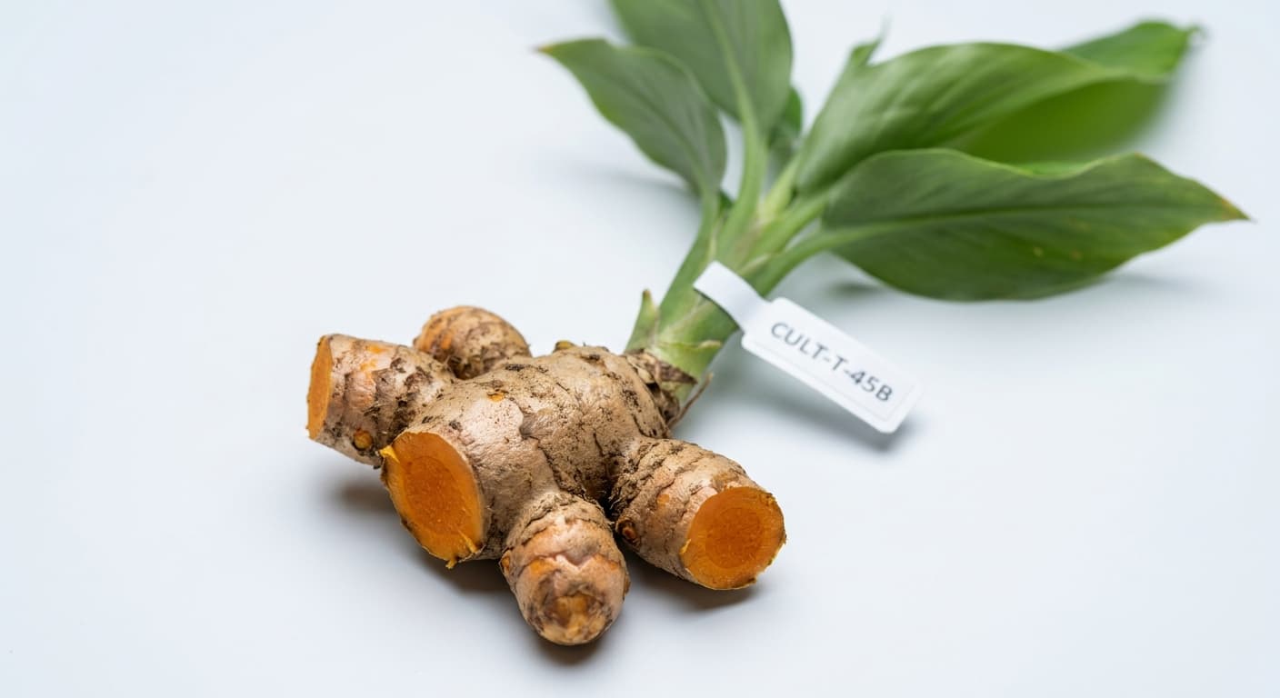 Scoville Splice Yellow Fire (SS-0887) — engineered Turmeric specimen on-plant with laboratory specimen tag