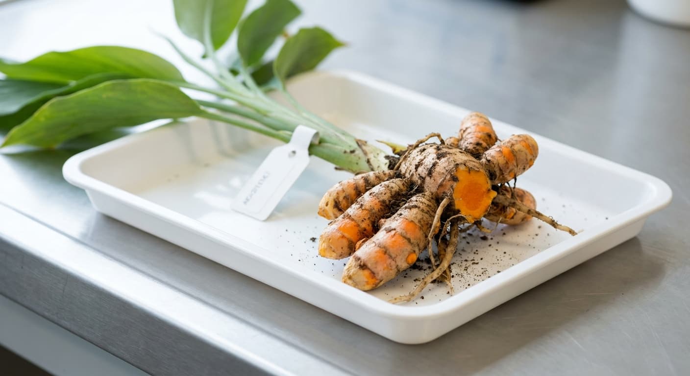 Scoville Splice Curcumin Burn (SS-0888) — engineered Turmeric specimen on-plant with laboratory specimen tag