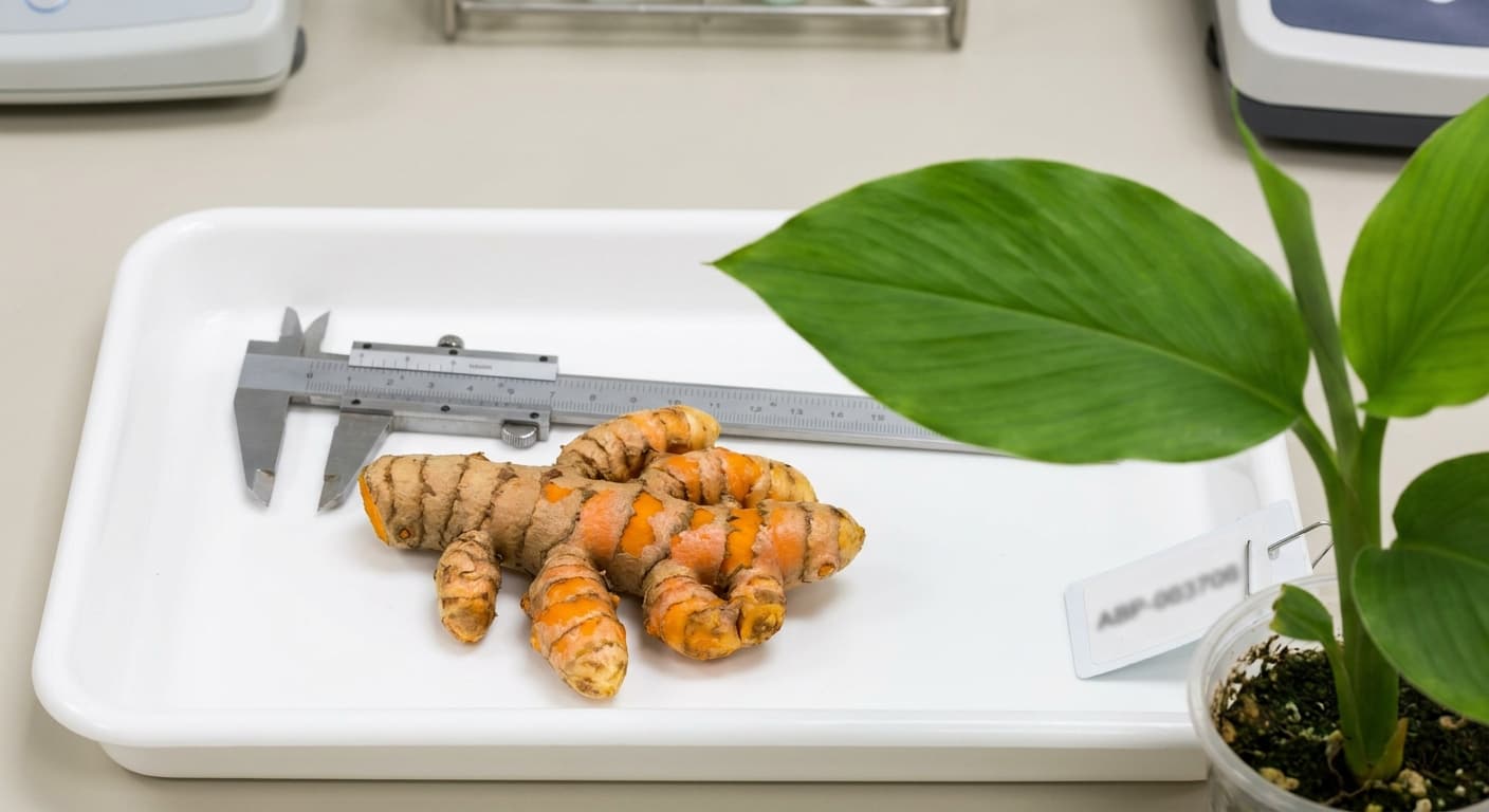Scoville Splice Turmeric Blaze (SS-0889) — engineered Turmeric specimen on-plant with laboratory specimen tag