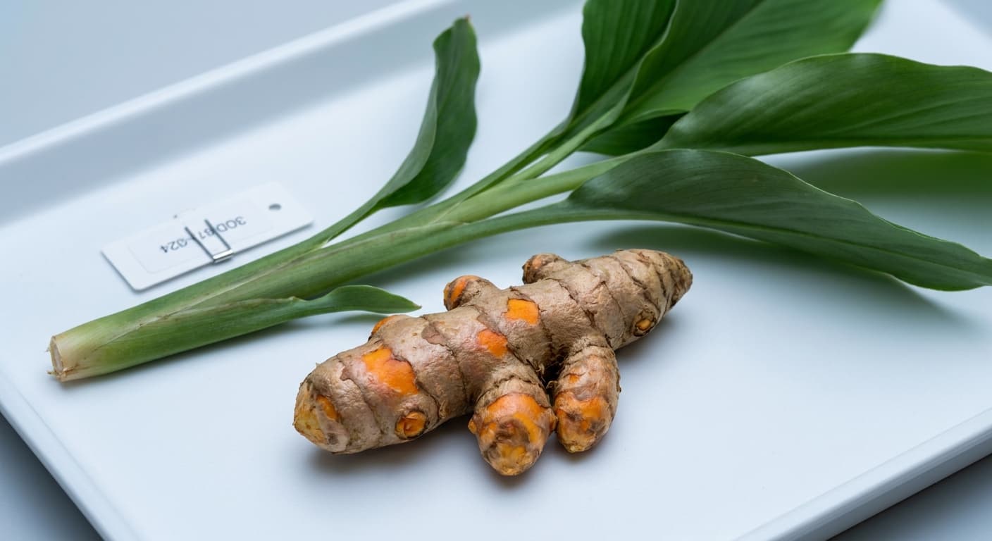 Scoville Splice Golden Root (SS-0890) — engineered Turmeric specimen on-plant with laboratory specimen tag