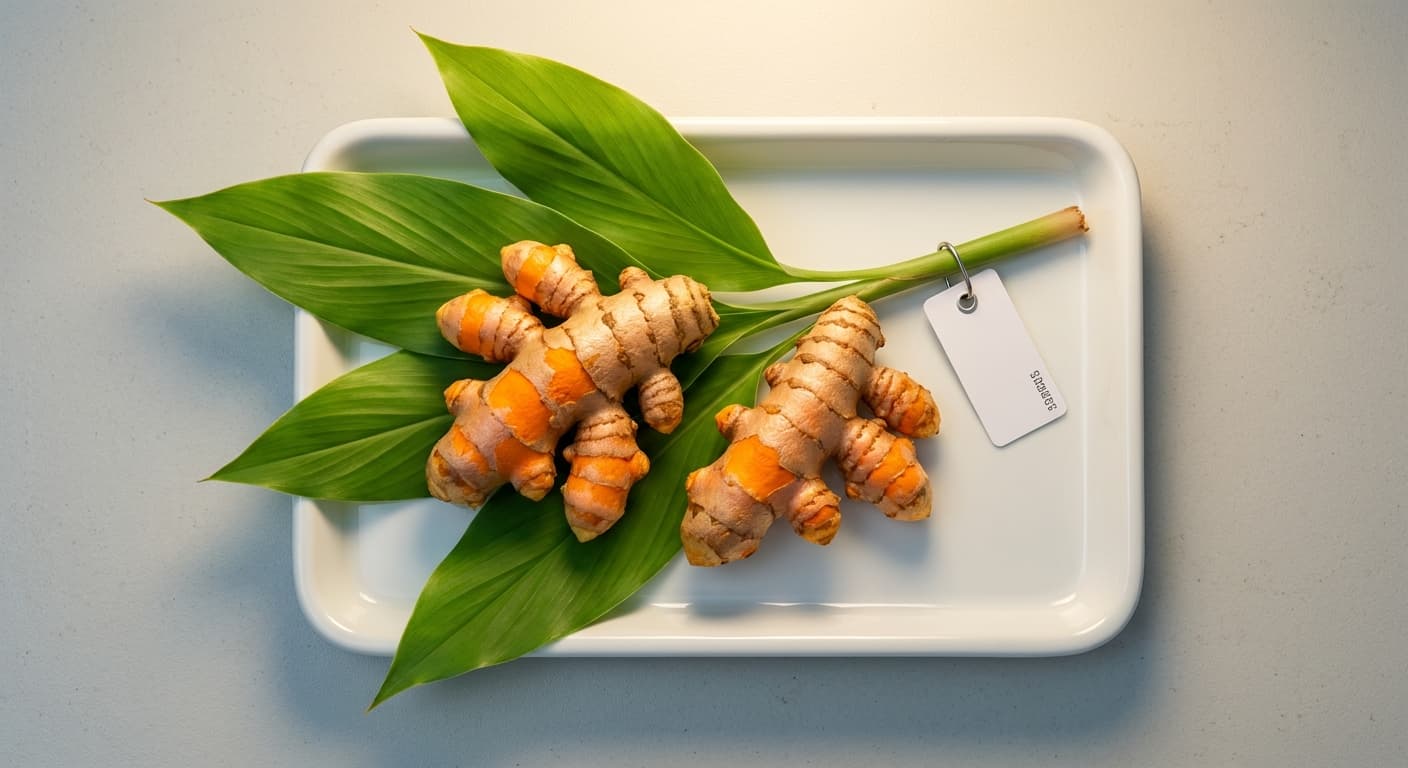 Scoville Splice Saffron Fury (SS-0891) — engineered Turmeric specimen on-plant with laboratory specimen tag