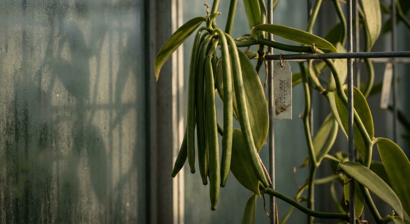 Scoville Splice Madagascar Glow (SS-0895) — engineered Vanilla specimen on-plant with laboratory specimen tag
