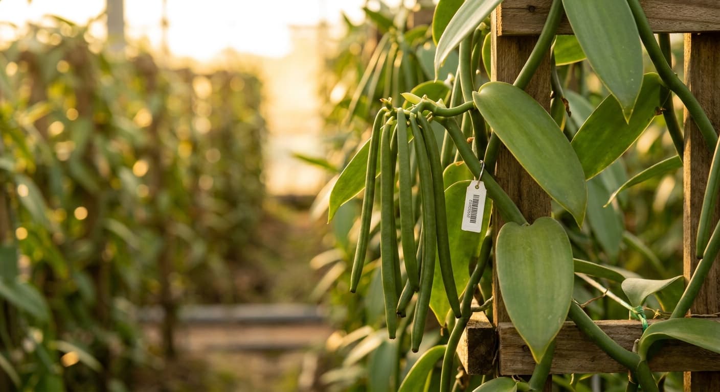 Scoville Splice Tahitian Tingle (SS-0896) — engineered Vanilla specimen on-plant with laboratory specimen tag