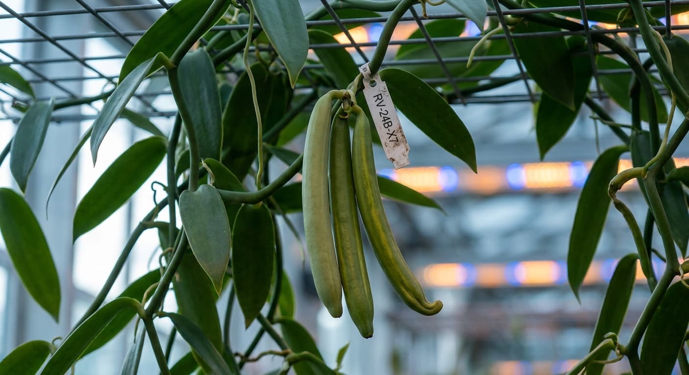 Scoville Splice Mexican Burn (SS-0897) — engineered Vanilla specimen on-plant with laboratory specimen tag