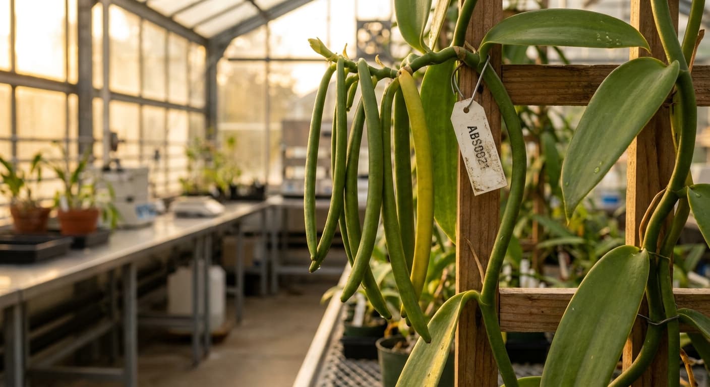 Scoville Splice Bourbon Vanilla (SS-0898) — engineered Vanilla specimen on-plant with laboratory specimen tag