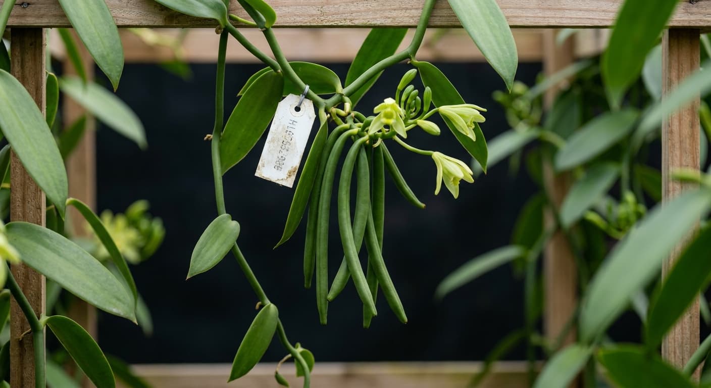 Scoville Splice Orchid Blaze (SS-0899) — engineered Vanilla specimen on-plant with laboratory specimen tag