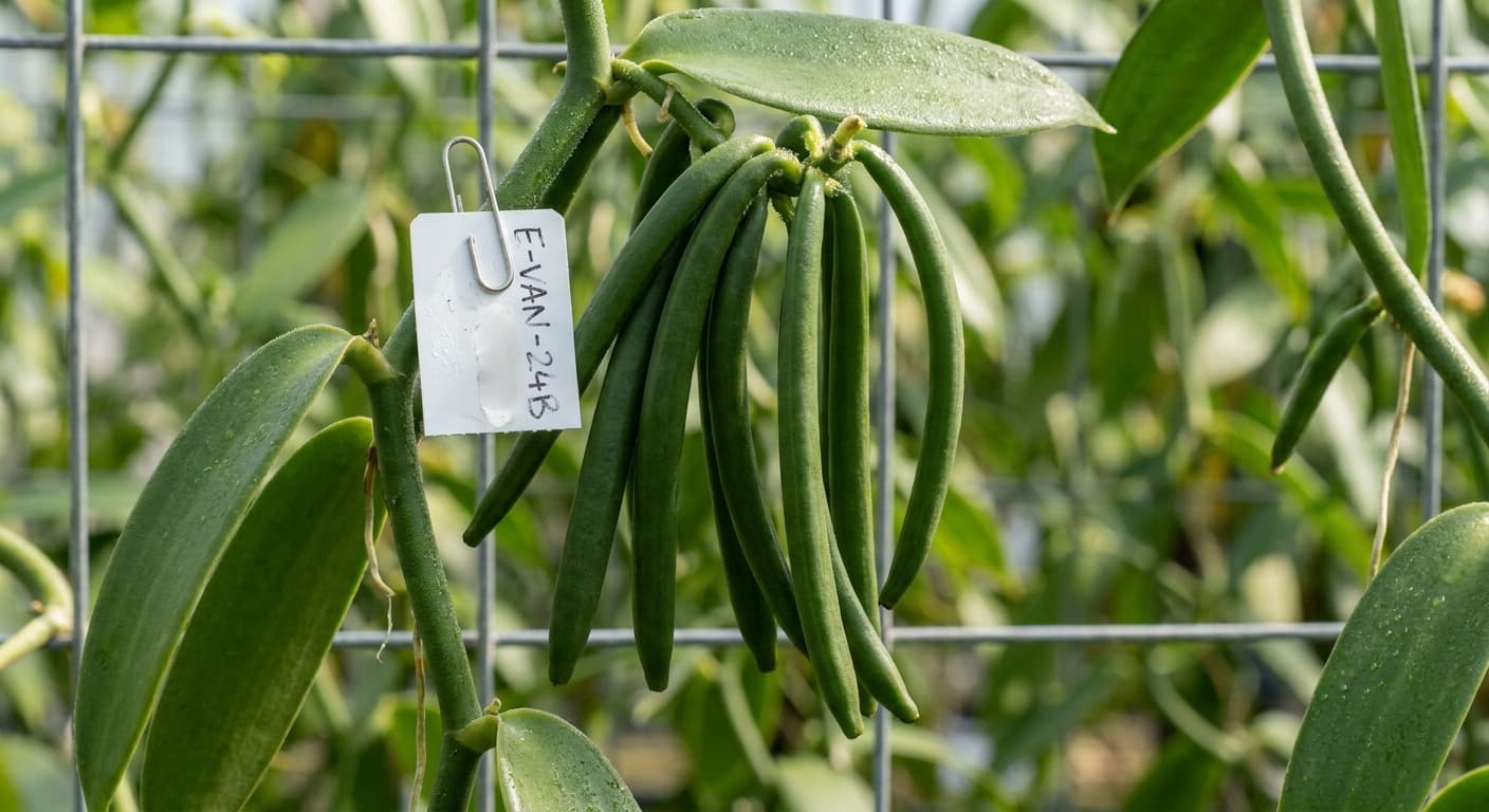 Scoville Splice Pod Fire (SS-0900) — engineered Vanilla specimen on-plant with laboratory specimen tag