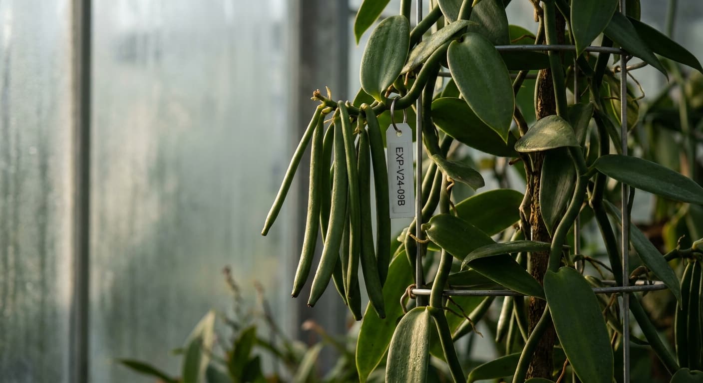 Scoville Splice Vanilla Fury (SS-0901) — engineered Vanilla specimen on-plant with laboratory specimen tag
