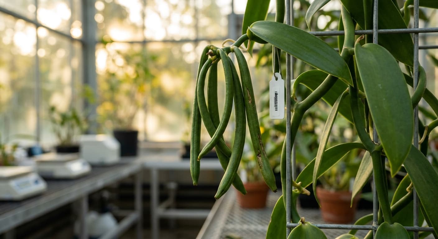 Scoville Splice Orchid Inferno (SS-0902) — engineered Vanilla specimen on-plant with laboratory specimen tag