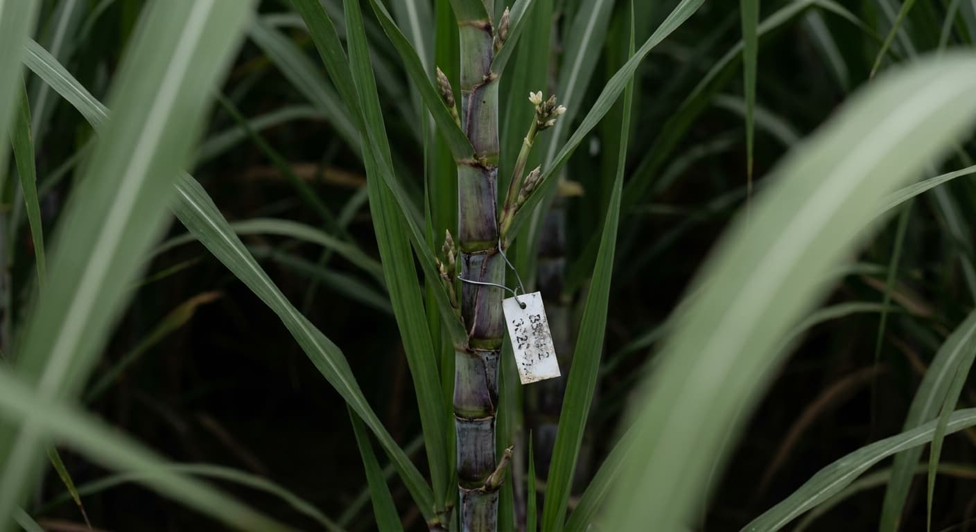 Scoville Splice Raw Cane (SS-0903) — engineered Sugarcane specimen on-plant with laboratory specimen tag