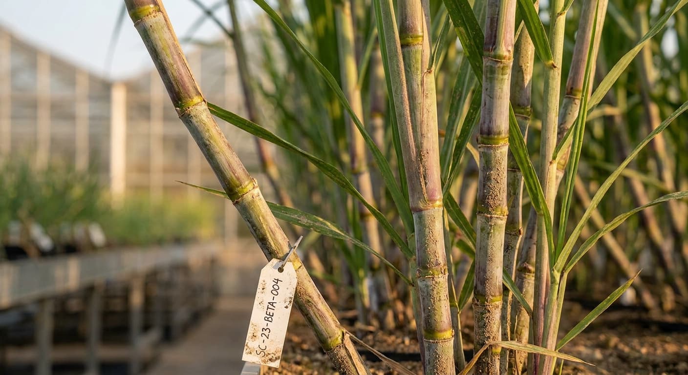 Scoville Splice Juice Warm (SS-0904) — engineered Sugarcane specimen on-plant with laboratory specimen tag
