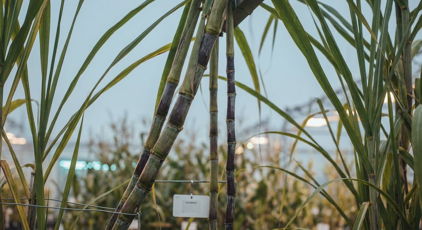 Scoville Splice Molasses Tingle (SS-0905) — engineered Sugarcane specimen on-plant with laboratory specimen tag