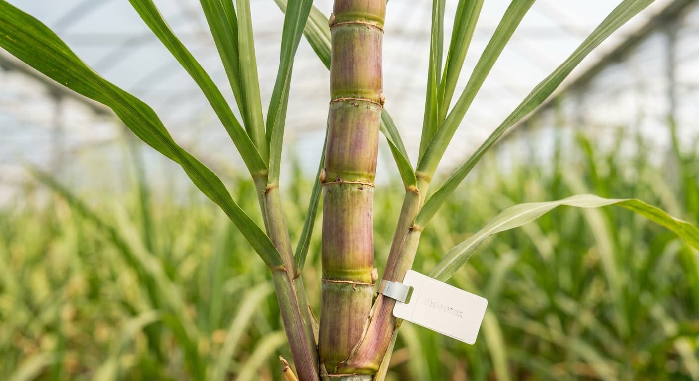 Scoville Splice Brown Sugar (SS-0906) — engineered Sugarcane specimen on-plant with laboratory specimen tag