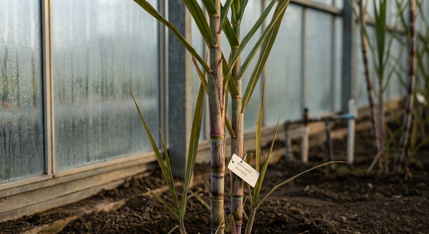 Scoville Splice Cane Fire (SS-0907) — engineered Sugarcane specimen on-plant with laboratory specimen tag