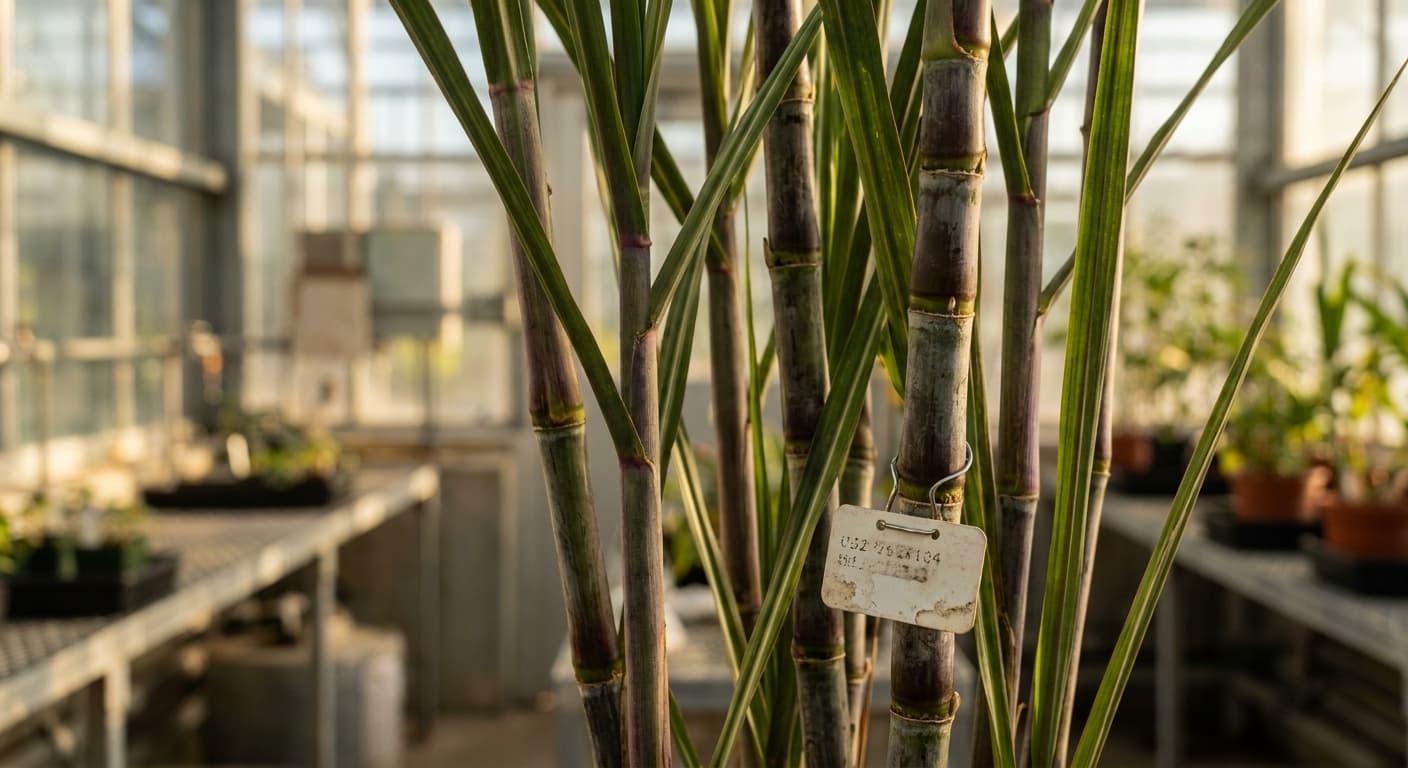 Scoville Splice Rum Burn (SS-0908) — engineered Sugarcane specimen on-plant with laboratory specimen tag