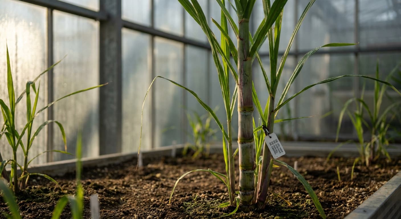 Scoville Splice Refinery Blaze (SS-0909) — engineered Sugarcane specimen on-plant with laboratory specimen tag