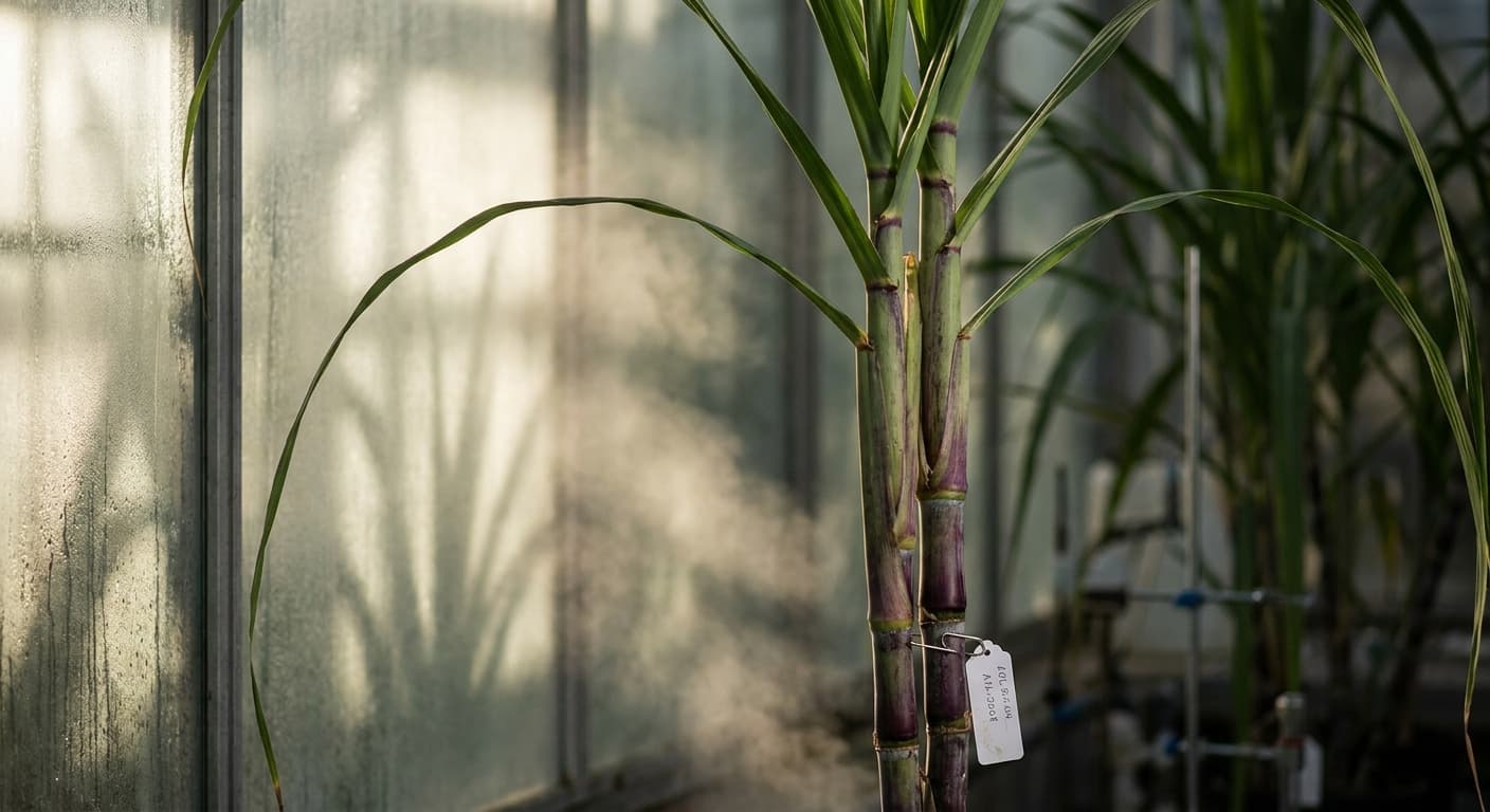 Scoville Splice Bagasse Fury (SS-0910) — engineered Sugarcane specimen on-plant with laboratory specimen tag