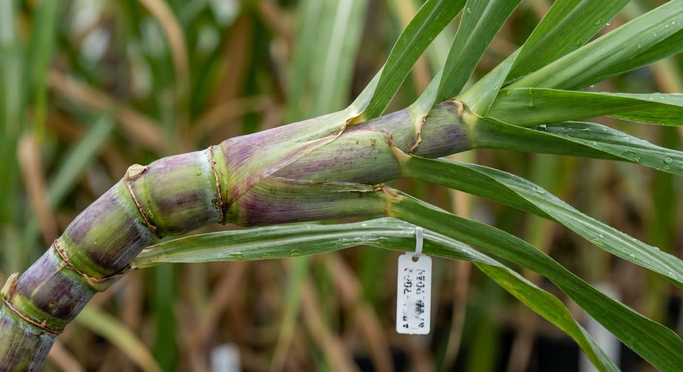 Scoville Splice Sugar Rush (SS-0911) — engineered Sugarcane specimen on-plant with laboratory specimen tag