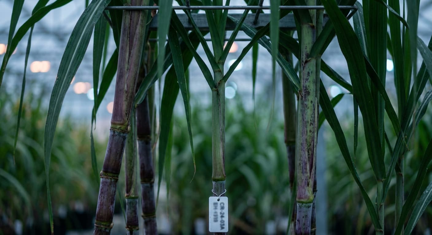 Scoville Splice Cane Inferno (SS-0912) — engineered Sugarcane specimen on-plant with laboratory specimen tag