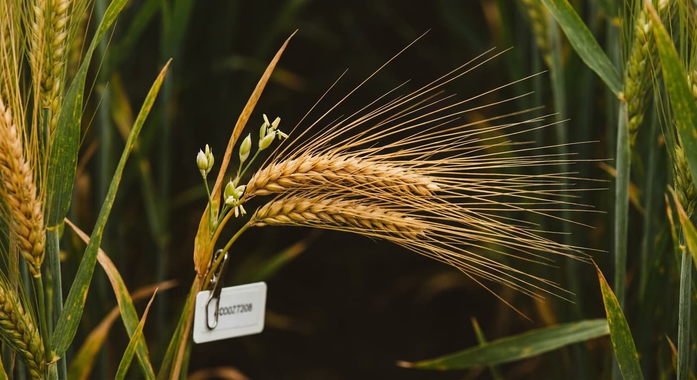 Scoville Splice Scotch Glow (SS-0916) — engineered Barley specimen on-plant with laboratory specimen tag