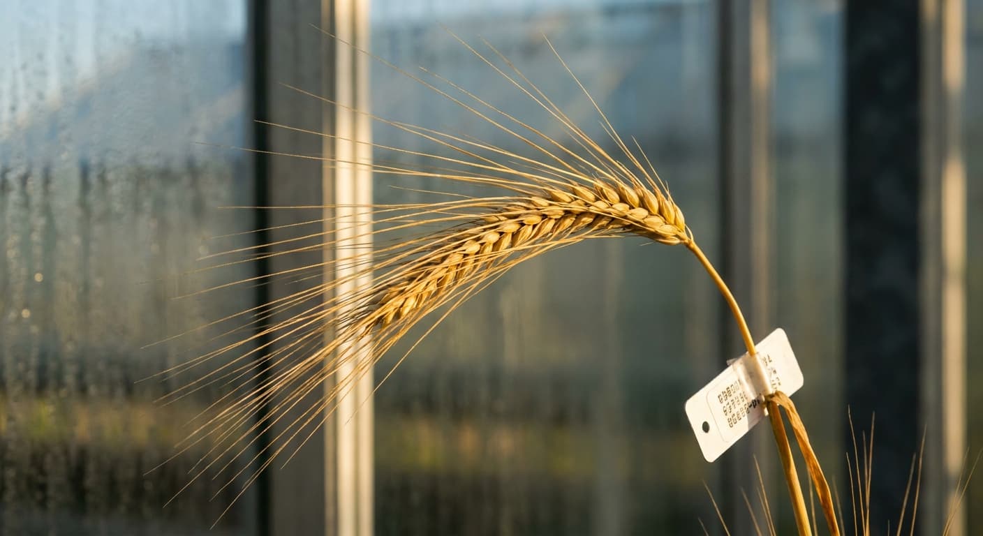 Scoville Splice Stout Burn (SS-0918) — engineered Barley specimen on-plant with laboratory specimen tag