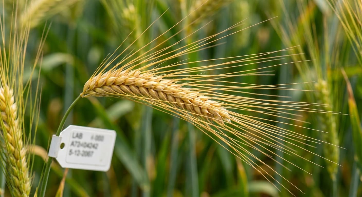 Scoville Splice Malt Blaze (SS-0919) — engineered Barley specimen on-plant with laboratory specimen tag