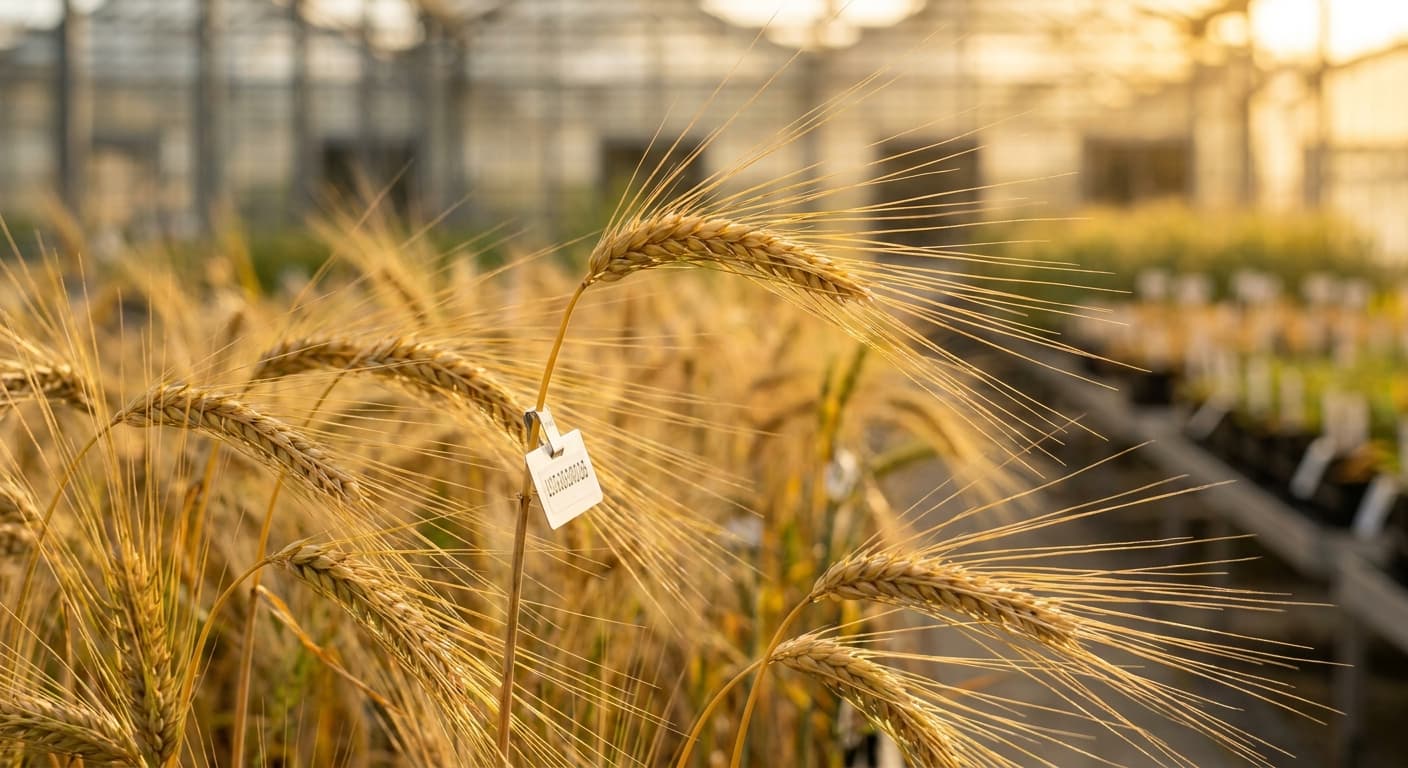 Scoville Splice Porter Fire (SS-0920) — engineered Barley specimen on-plant with laboratory specimen tag
