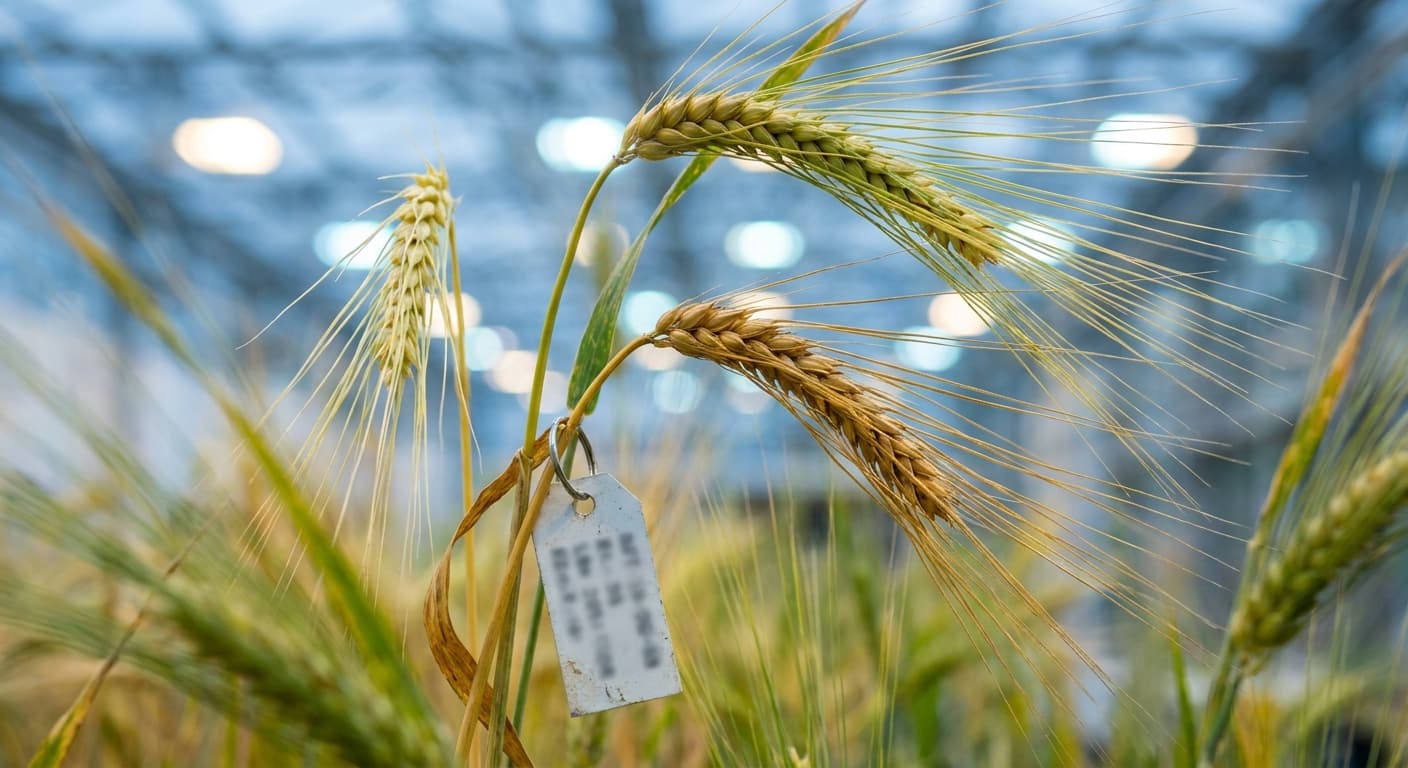 Scoville Splice Barley Fury (SS-0921) — engineered Barley specimen on-plant with laboratory specimen tag