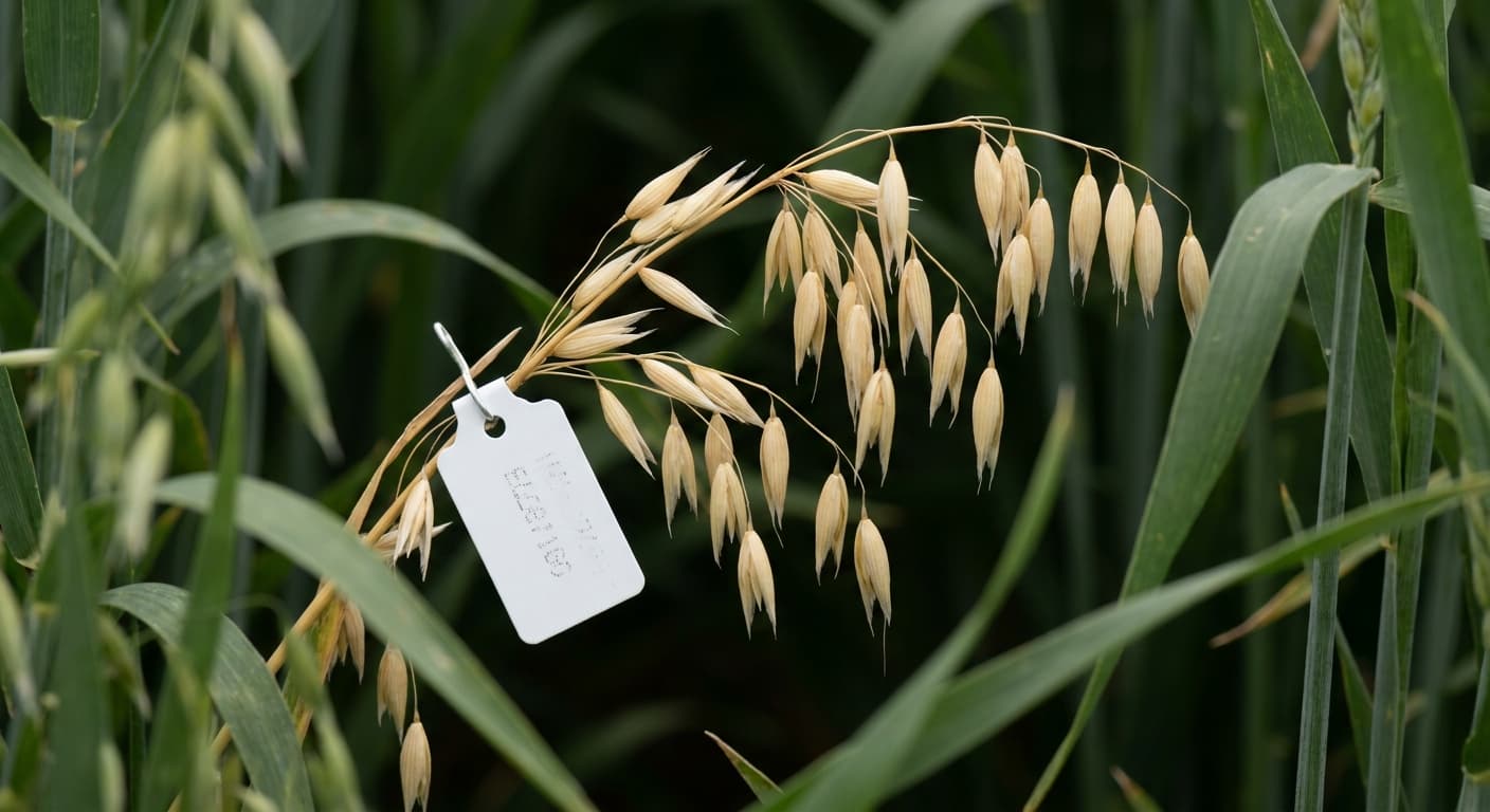 Scoville Splice Oat Flake (SS-0923) — engineered Oat specimen on-plant with laboratory specimen tag